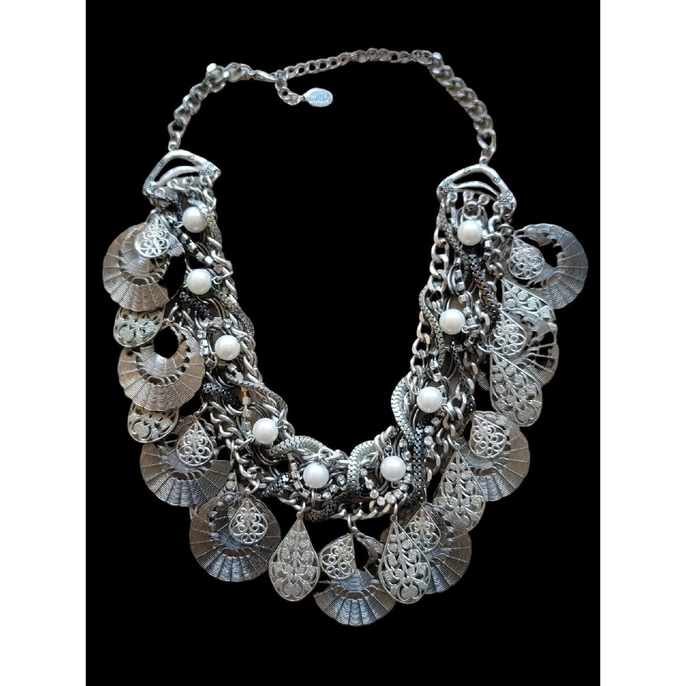 Lucia Multistrand Metal,Pearl,Rhinestone  Chunky Choker Necklace With Dangles